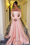 High Quality Pink Off The Shoulder Prom Dresses 3D Flowers Long Sleeves Evening Party HZ0307