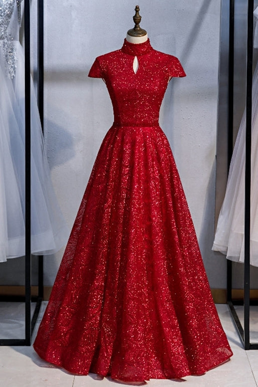 High Neck Red Long Formal Dress with Key HZ0307