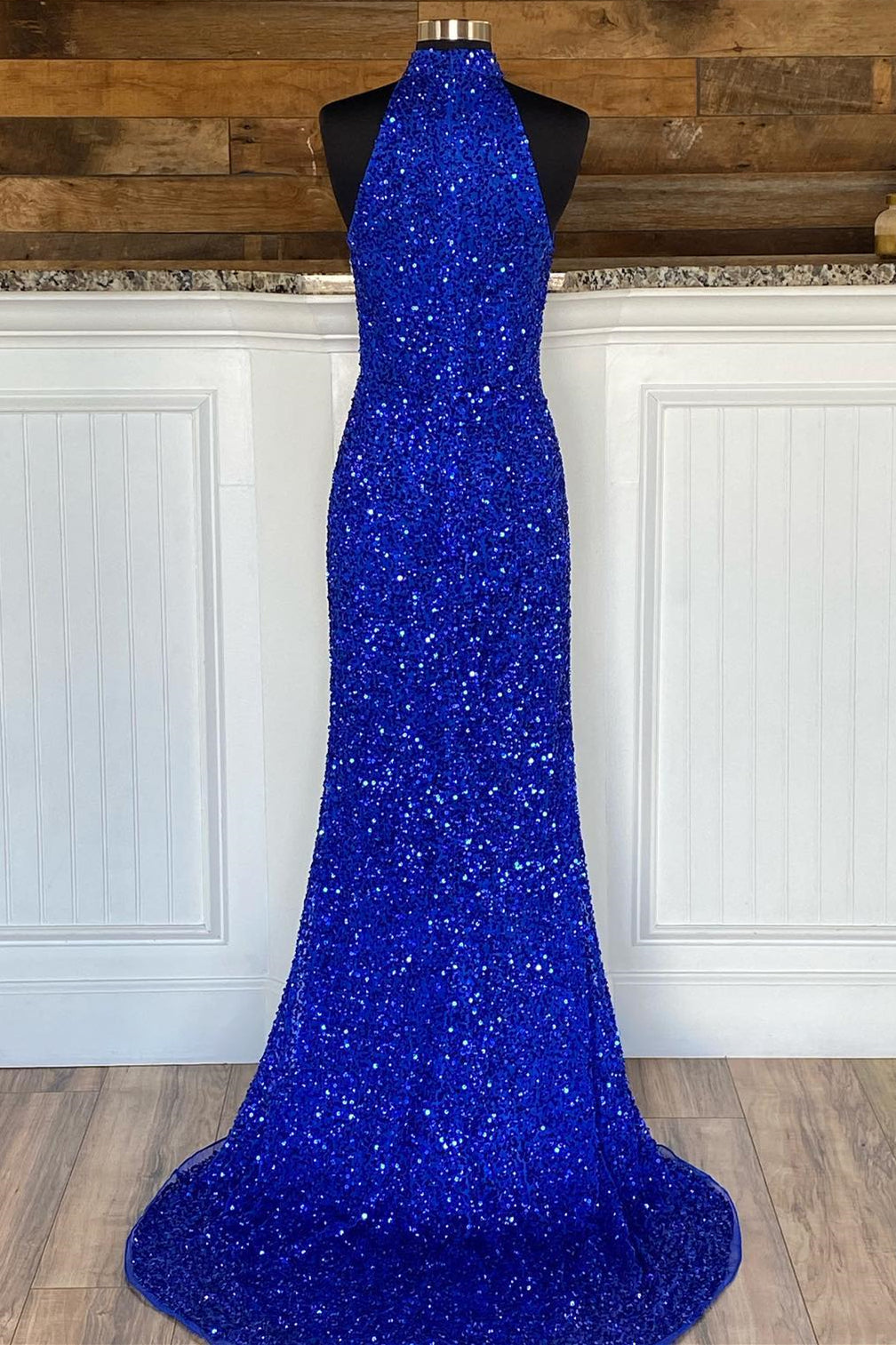 High Neck Royal Blue Sequin Mermaid Long Formal Dress with Detachable HZ0307