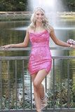 Hot Pink Bodycon Sequined Homecoming Dresses Mini Cocktail Dress, HZ0307