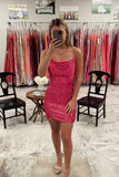 Hot Pink Bodycon Sequined Homecoming Dresses Mini Cocktail Dress, HZ0307