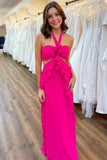 Hot Pink Halter Floral Chiffon Prom Dresses Ruffle Evening Party Dress, HZ0307