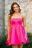 Hot Pink Pearl Beaded Homecoming Dresses, Strapless A-Line Hoco Dress With Pockets, HZ0307