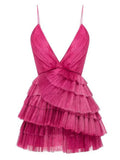 Hot Pink Pleated V-neck Homecoming Dresses With Ruffle Skirt, HZ0307