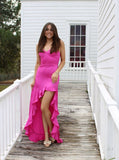 Hot Pink Satin Long Evening Prom Dress High Low Party HZ0307