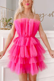 LTP1451,Hot Pink Strapless Tiered Short Homecoming Dress, A Line Sweet 16 HZ0307