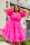Hot Pink Tulle A-Line Homecoming Dresses Plus Size Ruffles Mini Party Gown, HZ0307