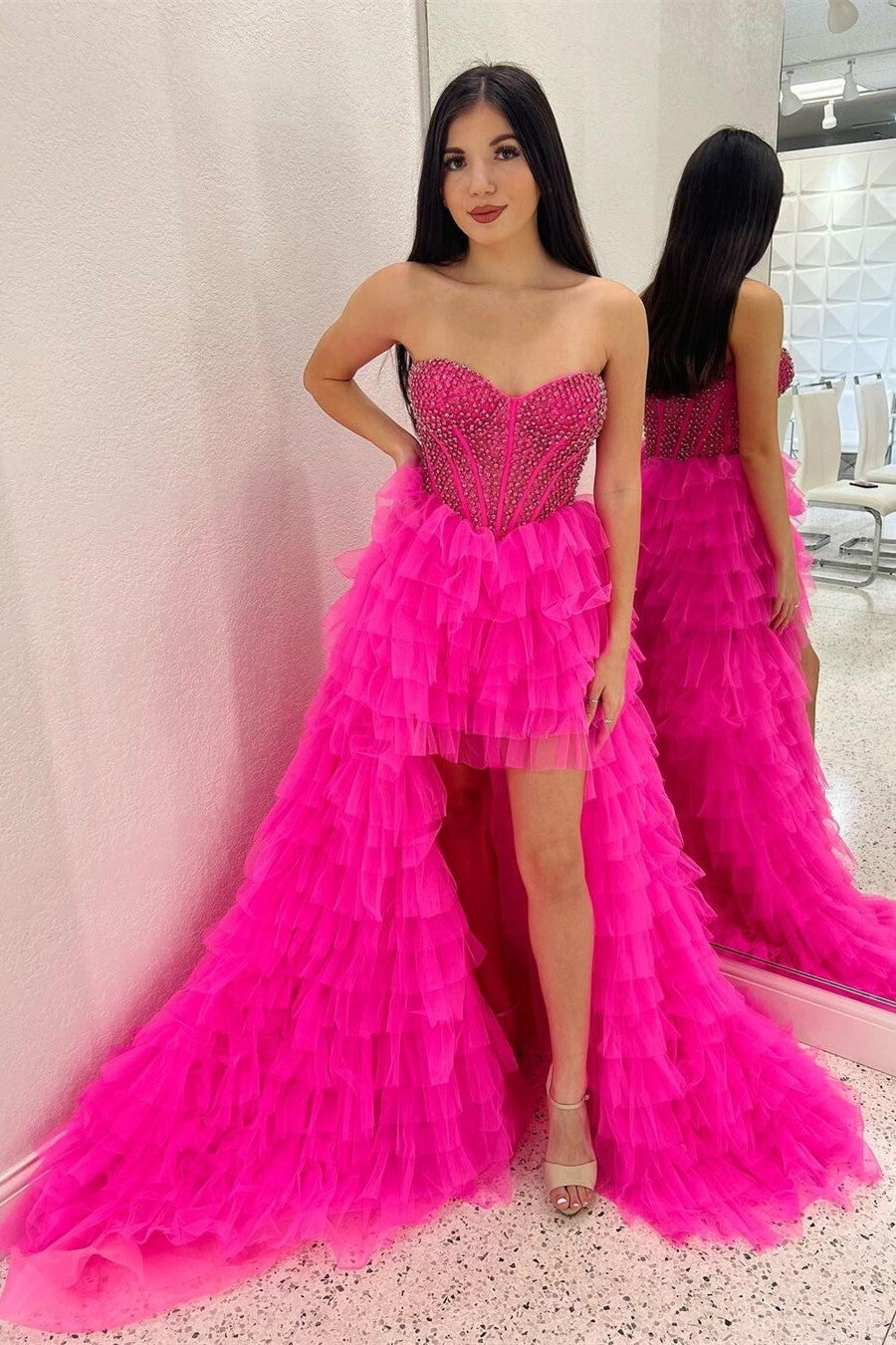 Hot Pink Beaded Sweetheart High Low Layers Formal HZ0307