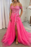 Hot Pink Off the Shoulder Appliques A-line Long Formal HZ0307