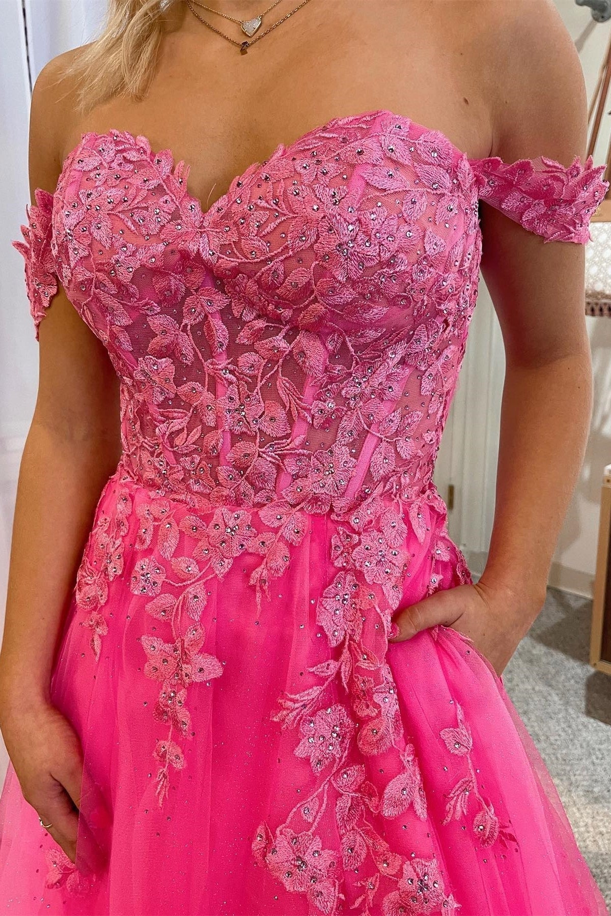 Hot Pink Off the Shoulder Appliques A-line Long Formal HZ0307