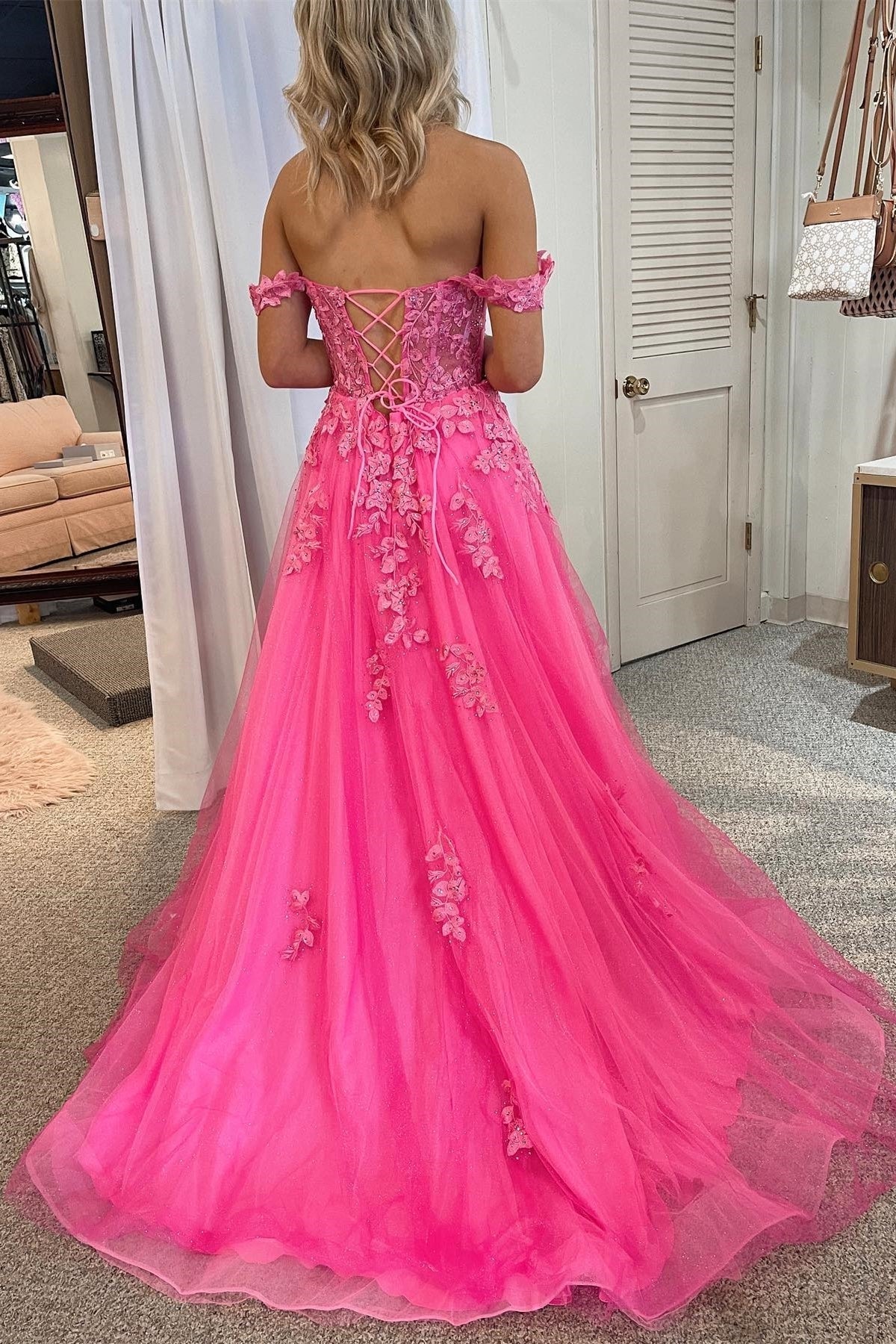 Hot Pink Off the Shoulder Appliques A-line Long Formal HZ0307