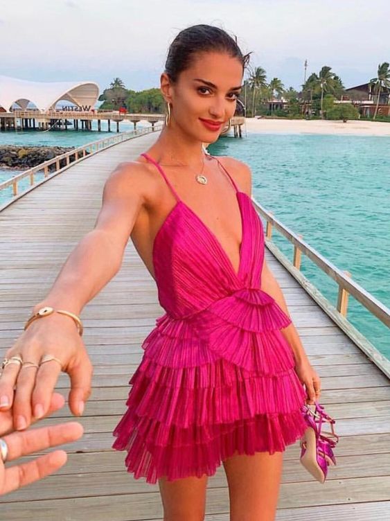 Hot Pink Pleated V-neck Homecoming Dresses With Ruffle Skirt, HZ0307