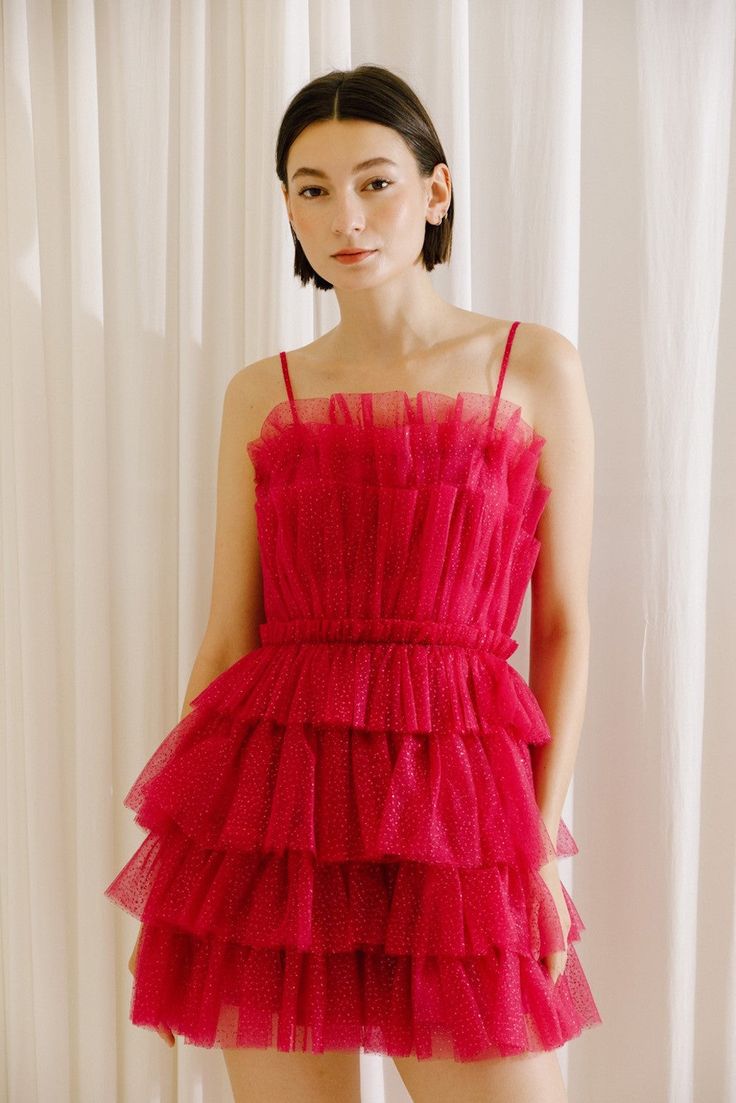 Hot Pink Tiered School Dance Dress Spaghetti Straps Homecoming Dresses, HZ0307