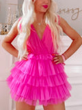 LTP1755, Hot Pink Tulle A-Line Homecoming Dress, V-Neck Party Hoco HZ0307