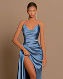 LaylaTailor Shop Illusion design blue satin prom dresses, sleeveless prom dresses HZ0307