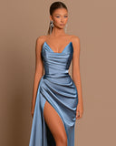LaylaTailor Shop Illusion design blue satin prom dresses, sleeveless prom dresses HZ0307