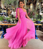 Fuchsia Tulle A-Line Sweetheart Long Prom HZ0307