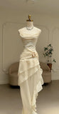 Ivory Chiffon Ruffle Party Dress Irregular Elegant Evening Prom HZ0307