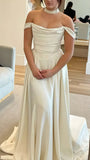 Ivory Off The Shoulder Wedding Dresses, Satin Beach Wedding Dress, HZ0307