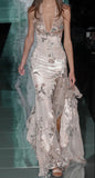 Ivory Mermaid Embroidery Party Dress, Halter V-neck Evening Prom Dress, HZ0307