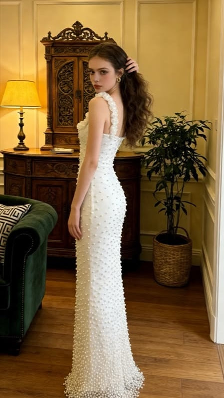 Ivory Pearl Beaded Bodycon Long Prom Dresses Birthday Party HZ0307