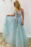 LTP0930,A-Line V-Neck Spaghetti Straps Light Blue Prom Dresses,Long Formal Dresses With HZ0307