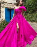 LTP1169,Fuchsia One Shoulder Hot Pink A-Line Satin Long Evening Prom HZ0307