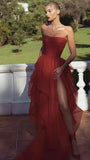 LTP0611,Red Tulle Prom Dresses Strapless Ruffle Evening Dress Red Prom HZ0307