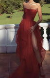 LTP0611,Red Tulle Prom Dresses Strapless Ruffle Evening Dress Red Prom HZ0307