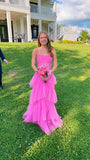 LTP0656,Pink spaghetti straps tulle long prom dress evening dresses ruffles full length HZ0307