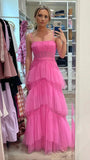 LTP0656,Pink spaghetti straps tulle long prom dress evening dresses ruffles full length HZ0307