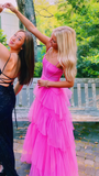 LTP0656,Pink spaghetti straps tulle long prom dress evening dresses ruffles full length HZ0307