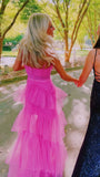 LTP0656,Pink spaghetti straps tulle long prom dress evening dresses ruffles full length HZ0307