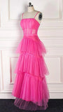 LTP0656,Pink spaghetti straps tulle long prom dress evening dresses ruffles full length HZ0307