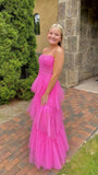 LTP0656,Pink spaghetti straps tulle long prom dress evening dresses ruffles full length HZ0307