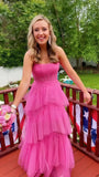 LTP0656,Pink spaghetti straps tulle long prom dress evening dresses ruffles full length HZ0307