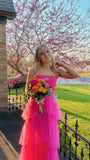 LTP0656,Pink spaghetti straps tulle long prom dress evening dresses ruffles full length HZ0307