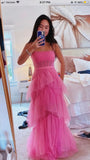 LTP0656,Pink spaghetti straps tulle long prom dress evening dresses ruffles full length HZ0307