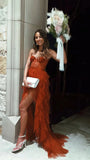 Rust Red High Low Prom Dress - Sweetheart Tiered Tulle Ruffle HZ0307