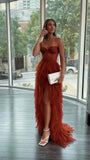 Rust Red High Low Prom Dress - Sweetheart Tiered Tulle Ruffle HZ0307