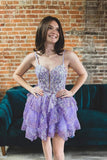 Lavender Floral Lace Homecoming Dresses Ruffle Mini Party Gown, HZ0307