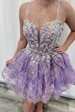 Lavender Floral Lace Homecoming Dresses Ruffle Mini Party Gown, HZ0307