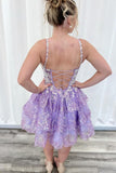 Lavender Floral Lace Homecoming Dresses Ruffle Mini Party Gown, HZ0307