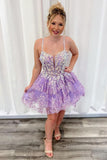 Lavender Floral Lace Homecoming Dresses Ruffle Mini Party Gown, HZ0307