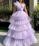 Lavender A-Line Tiered Ruffles Long Prom HZ0307