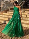 One Shoulder Green Chiffon Long Prom HZ0307