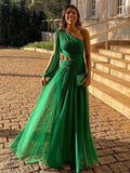 One Shoulder Green Chiffon Long Prom HZ0307