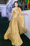 Sparkly Pleated Gold One Shoulder Prom HZ0307