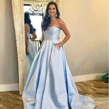 A-line Blue Two Piece Satin Floor Length Long Prom Party HZ0307