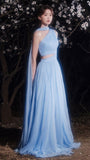 Light Blue Chiffon Prom Dresses Long Pleated Elegant Evening Party HZ0307